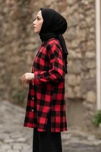Modalamelif Ekose Desen Yırtmaçlı Gömlek Kırmızı-Siyah