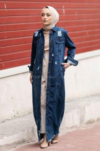 Modalamelif Eskitme İşlemeli Boydan Düğmeli Elbise Koyu Mavi