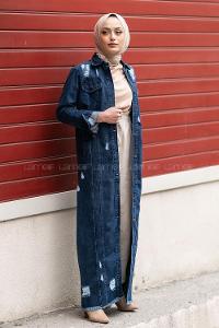 Modalamelif Eskitme İşlemeli Boydan Düğmeli Elbise Koyu Mavi