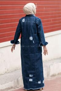 Modalamelif Eskitme İşlemeli Boydan Düğmeli Elbise Koyu Mavi