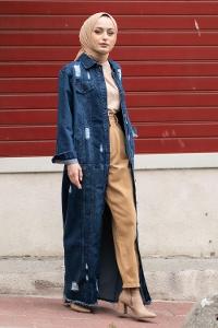 Modalamelif Eskitme İşlemeli Bodayn Düğmeli Uzun Ceket Kot Mavisi