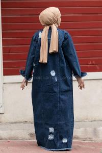 Modalamelif Eskitme İşlemeli Bodayn Düğmeli Uzun Ceket Kot Mavisi