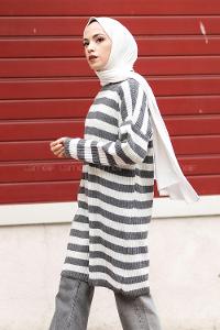 Modalamelif Kalın Çizgi Şeritli Triko Tunik Füme