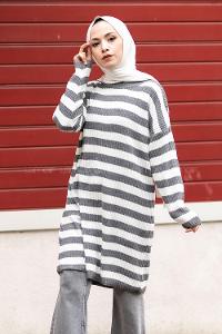 Modalamelif Kalın Çizgi Şeritli Triko Tunik Füme