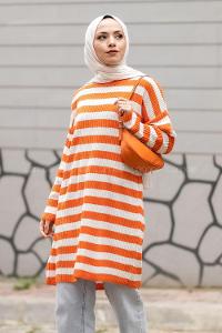 Modalamelif Kalın Çizgi Şeritli Triko Tunik Oranj