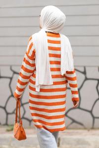 Modalamelif Kalın Çizgi Şeritli Triko Tunik Oranj