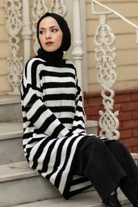 Modalamelif Kalın Çizgi Şeritli Triko Tunik Siyah