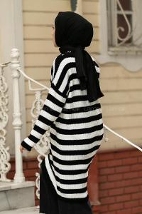 Modalamelif Kalın Çizgi Şeritli Triko Tunik Siyah