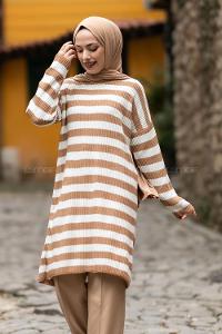 Modalamelif Kalın Çizgi Şeritli Triko Tunik Sütlükahve