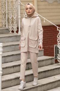 Modalamelif Kapüşon Yaka Torba Kapak Cepli İkili Takım Bej