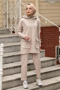 Modalamelif Kapüşon Yaka Torba Kapak Cepli İkili Takım Bej