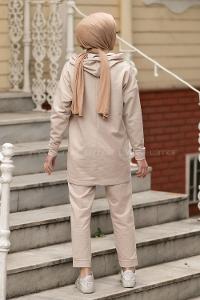 Modalamelif Kapüşon Yaka Torba Kapak Cepli İkili Takım Bej