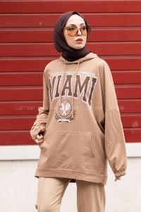 Modalamelif Kapüşonlu Miami Baskı Detaylı Sweat Camel