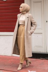 Modalamelif Kuşak Bağlamalı Fleto Cepli Kaban Bej