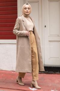 Modalamelif Kuşak Bağlamalı Fleto Cepli Kaban Bej