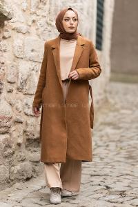 Modalamelif Kuşak Bağlamalı Fleto Cepli Kaban Tarçın