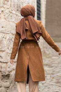 Modalamelif Kuşak Bağlamalı Fleto Cepli Kaban Tarçın