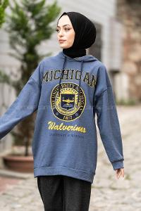 Modalamelif Mıchıgan Yazı Baskılı Kapüşonlu Sweat İndigo