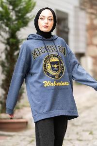 Modalamelif Mıchıgan Yazı Baskılı Kapüşonlu Sweat İndigo