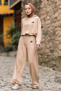 Modalamelif Nıke Nakışlı Kapüşonlu İkili Takım Bej