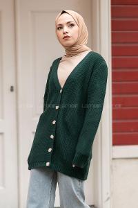 Modalamelif Önü Düğmeli Uzun Triko Hırka Zümrüt Yeşili