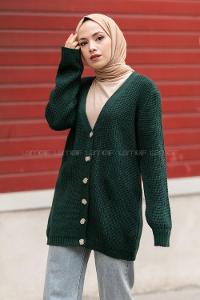 Modalamelif Önü Düğmeli Uzun Triko Hırka Zümrüt Yeşili