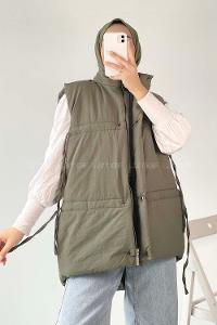 Modalamelif Gizli Fermuarlı Çift Cepli Yelek Haki