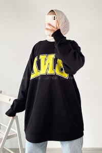 Modalamelif Bisiklet Yaka Bnl Yazı Baskılı Salaş Sweat Siyah