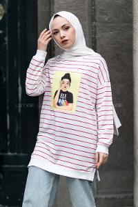 Modalamelif Ele Nao Girl Baskılı Çizgi Desenli Sweat Kırmızı