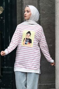 Modalamelif Ele Nao Girl Baskılı Çizgi Desenli Sweat Kırmızı