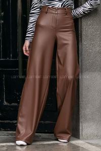 Modalamelif  İspanyol Paça Yüksek Bel Deri Pantolon Kahverengi