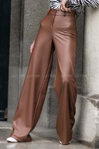 Modalamelif  İspanyol Paça Yüksek Bel Deri Pantolon Kahverengi