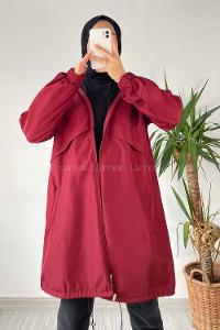 Modalamelif Kapüşon Detaylı Fermuarlı Çift Cepli Trenç Kap Bordo