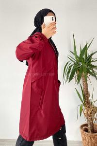 Modalamelif Kapüşon Detaylı Fermuarlı Çift Cepli Trenç Kap Bordo