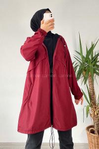 Modalamelif Kapüşon Detaylı Fermuarlı Çift Cepli Trenç Kap Bordo