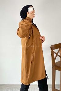 Modalamelif Kapüşon Detaylı Fermuarlı Çift Cepli Trenç Kap Camel