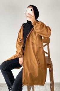 Modalamelif Kapüşon Detaylı Fermuarlı Çift Cepli Trenç Kap Camel
