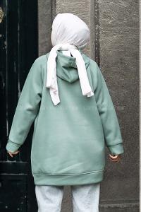Modalamelif Kapüşon Detaylı Yarım Çıtçıt Düğmeli Sweat Çağla Yeşili