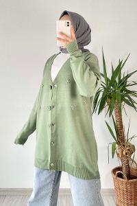 Modalamelif Önü Düğmeli Taş İşlemeli Triko Hırka Çağla Yeşili