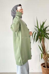 Modalamelif Önü Düğmeli Taş İşlemeli Triko Hırka Çağla Yeşili