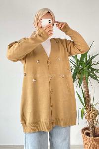 Modalamelif Önü Düğmeli Taş İşlemeli Triko Hırka Sütlü Kahve