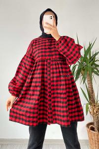 Modalamelif Pötikare Desen Bel ve Yaka Fırfır Detaylı Gömlek Kırmızı