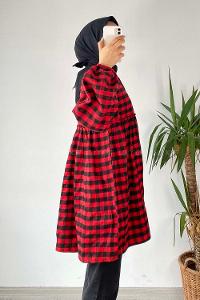 Modalamelif Pötikare Desen Bel ve Yaka Fırfır Detaylı Gömlek Kırmızı