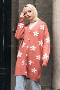 Modalamelif V Yaka Boydan Düğmeli Papatya Desen Hırka Gül