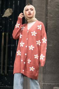 Modalamelif V Yaka Boydan Düğmeli Papatya Desen Hırka Gül