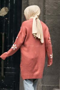 Modalamelif V Yaka Boydan Düğmeli Papatya Desen Hırka Gül