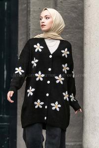 Modalamelif V Yaka Boydan Düğmeli Papatya Desen Hırka Siyah