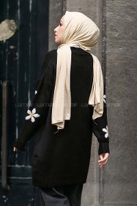 Modalamelif V Yaka Boydan Düğmeli Papatya Desen Hırka Siyah