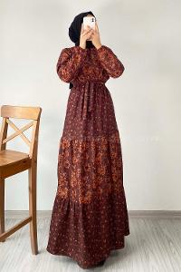 Modalamelif Yarım Balıkçı Yaka Kuşak Bağlamalı Çiçek Desenli Elbise Acı Kahve