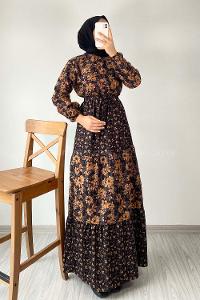 Modalamelif Yarım Balıkçı Yaka Kuşak Bağlamalı Çiçek Desenli Elbise Siyah